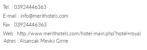 Merit Royal Hotel & Casino telefon numaralar, faks, e-mail, posta adresi ve iletiim bilgileri